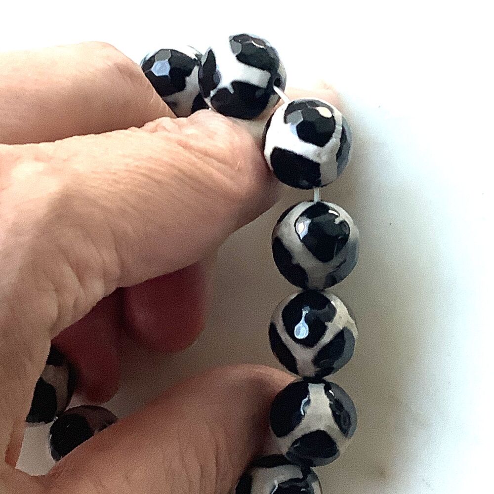 Sterling Giraffe Agate Earrings Stretch Bracelet 925 Silver Black White Stones - Picture 10 of 13
